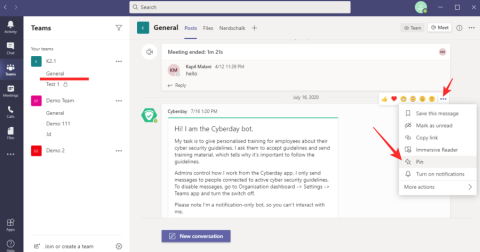 كيفية تثبيت رسالة على Microsoft Teams