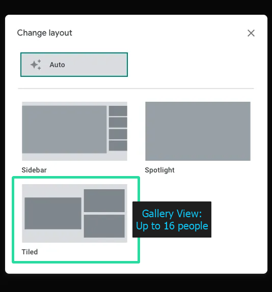 Como definir o layout Tiled no Google Meet para ver 16 participantes de uma vez