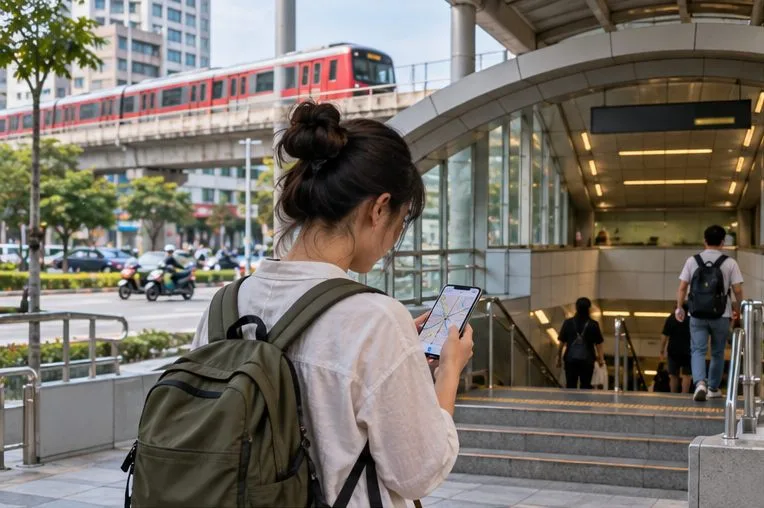 旅客在高架捷運站入口查看手機路線，紅色列車行經站外高架軌道