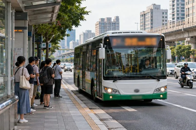 市區公車停靠路邊站牌，乘客在候車區等候