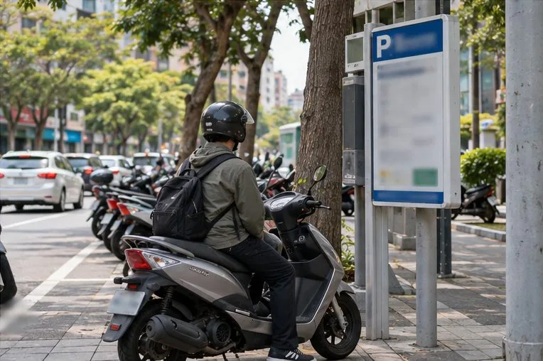 機車騎士停在路邊查看停車資訊牌，周圍有路邊停放的機車