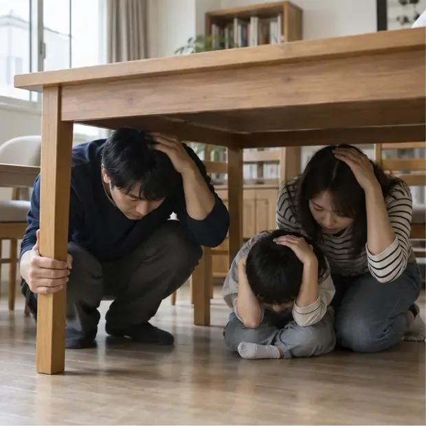 一家人在室內堅固桌子下方練習保護頭頸與穩住身體