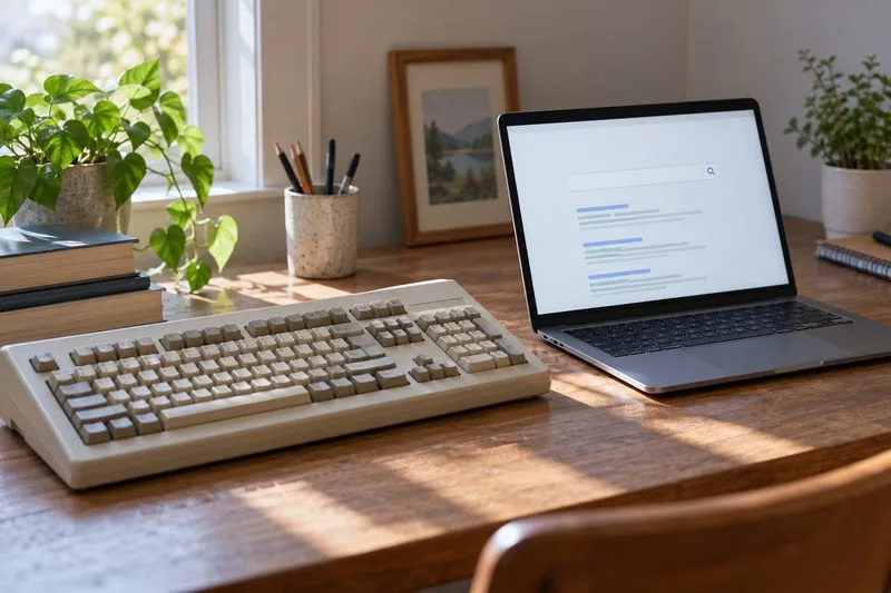 Un teclado beige de una generación anterior junto a un portátil moderno con una página de búsqueda genérica en pantalla