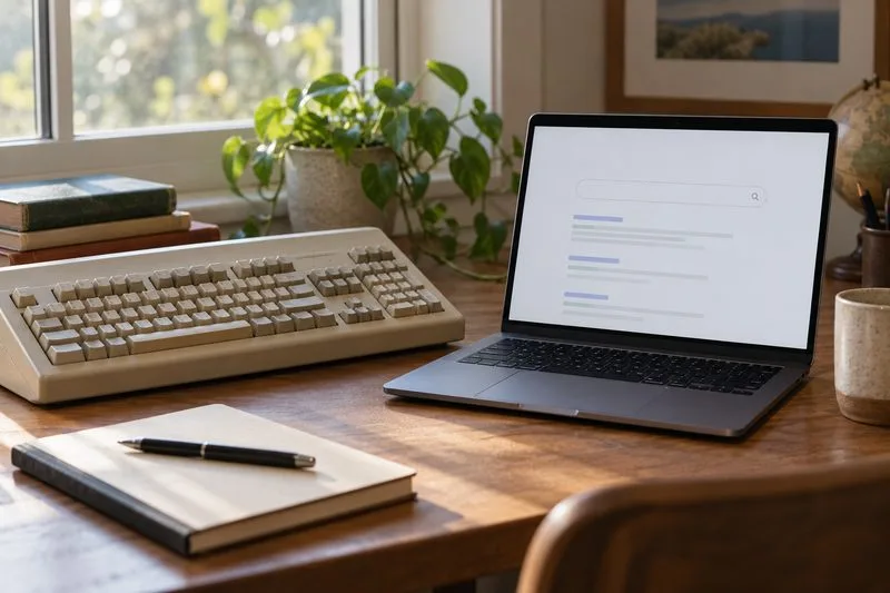 Un ancien clavier beige posé à côté d’un ordinateur portable moderne affichant une page de recherche générique