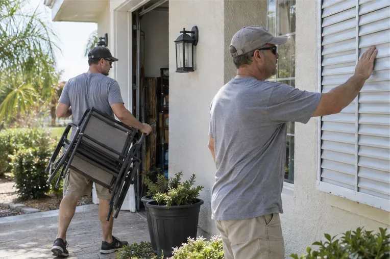 A homeowner carries patio furniture indoors while another person checks a closed exterior window shutter