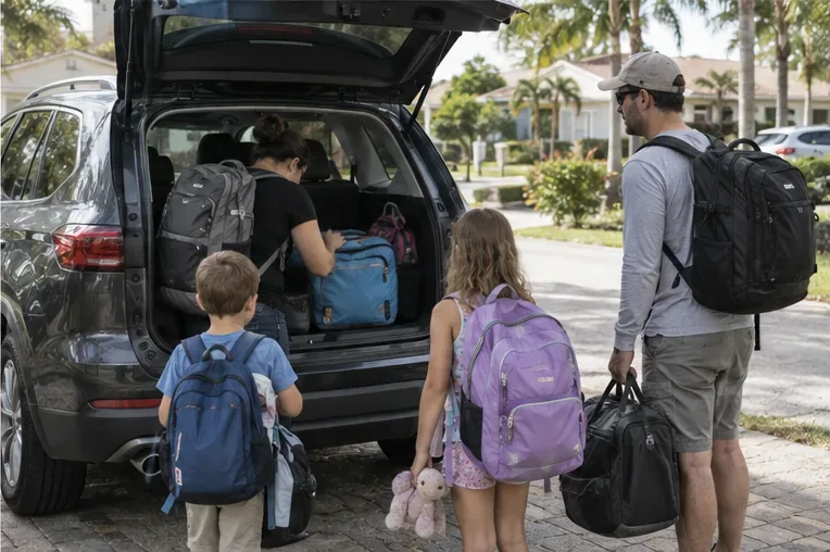 A family loads small go-bags into an SUV on a calm residential street before evacuation