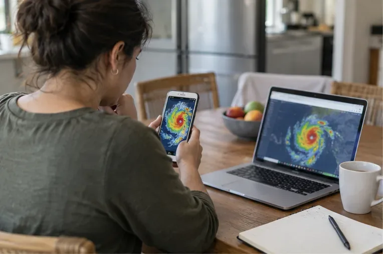 A person checks a hurricane forecast on a smartphone beside a laptop at a kitchen table