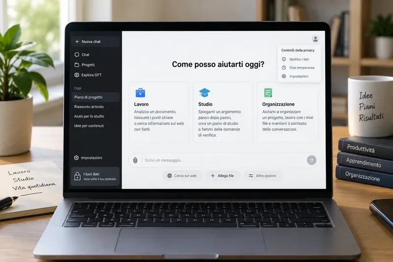 Laptop su una scrivania con un'interfaccia di assistente AI in italiano che mostra opzioni per lavoro, studio, organizzazione e controlli della privacy