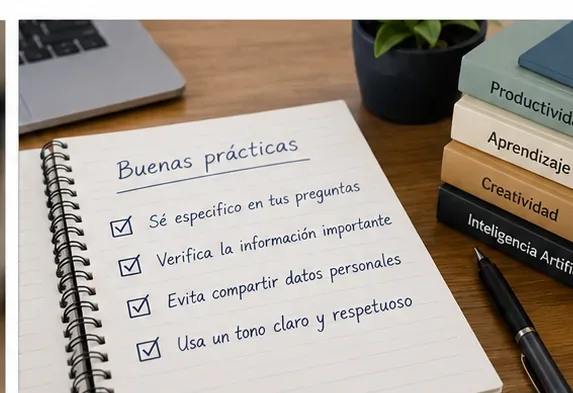 Cuaderno con una lista en español de buenas prácticas: ser específico, verificar información importante y evitar compartir datos personales