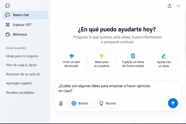 Interfaz ilustrativa de ChatGPT en español con un cuadro para escribir una pregunta, acceso a búsqueda y opciones de ayuda