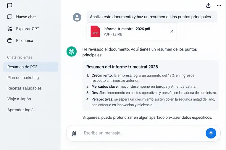 Vista ilustrativa de ChatGPT con un archivo PDF adjunto y una respuesta que resume los principales puntos del documento