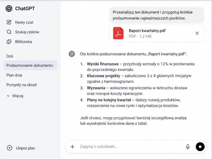 Przykład rozmowy w ChatGPT po dołączeniu pliku PDF i prośbie o krótkie podsumowanie najważniejszych punktów