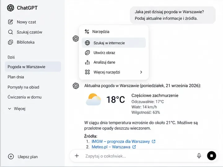 Przykład interfejsu ChatGPT z wybraną funkcją wyszukiwania w internecie oraz odpowiedzią opartą na źródłach