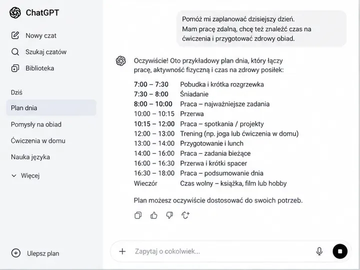 Przykład rozmowy w ChatGPT z prośbą o ułożenie planu dnia z pracą, ćwiczeniami i przygotowaniem posiłku