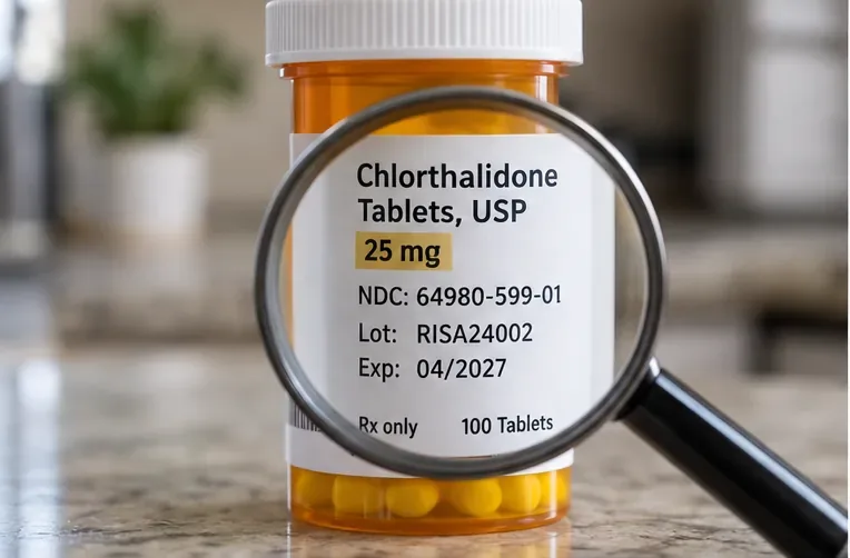 A chlorthalidone 25 mg prescription bottle label showing the NDC, lot number RISA24002, and expiration date 04/2027 under a magnifying glass.