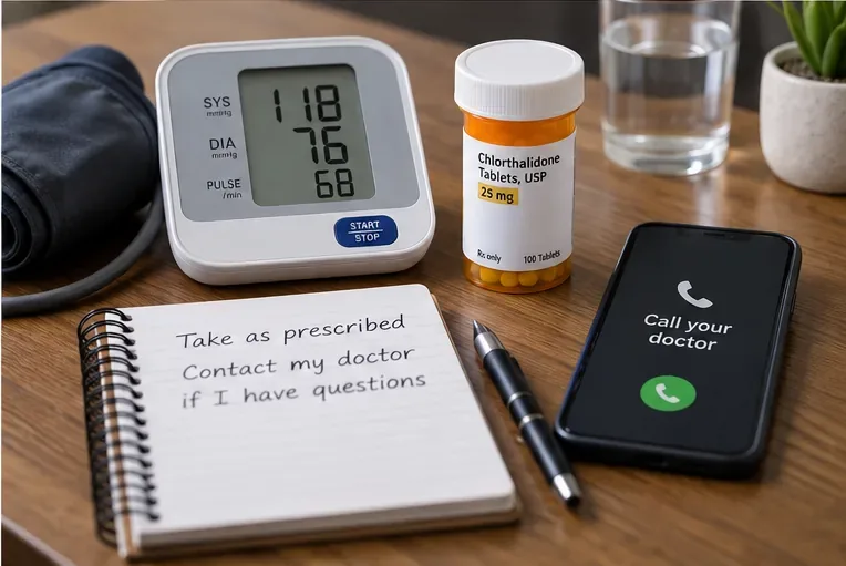 A home blood pressure monitor, chlorthalidone bottle, notebook, and phone showing a call to a doctor.