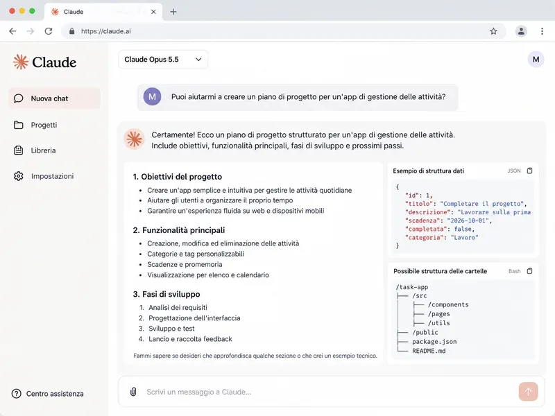 Interfaccia di Claude con Claude Opus 5.5 selezionato e un esempio di risposta strutturata per la pianificazione di un progetto software