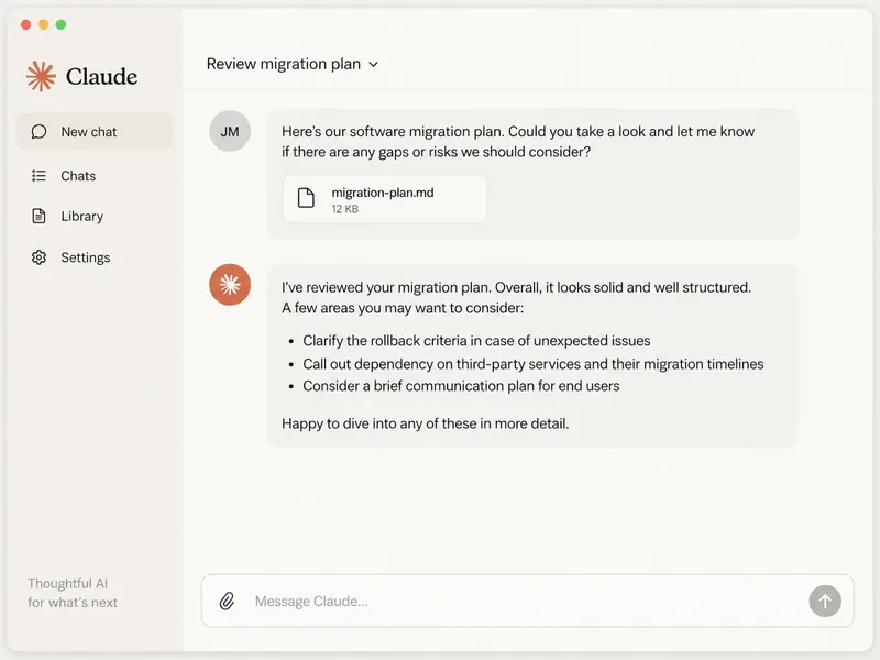Een Claude-chatvenster waarin een gebruiker een softwaremigratieplan laat beoordelen en aandachtspunten terugkrijgt