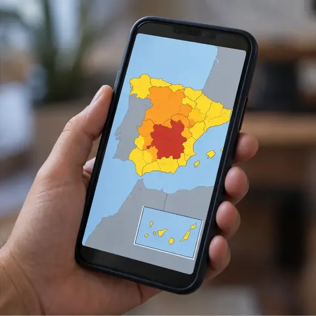 Ejemplo visual de un mapa de España con zonas de aviso meteorológico en amarillo, naranja y rojo.