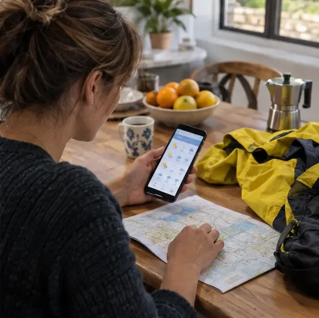 Persona consultando el tiempo en un teléfono junto a un mapa, una chaqueta impermeable y material de viaje.