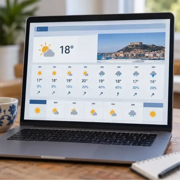 Ejemplo visual de una pantalla de previsión municipal con temperatura, probabilidad de lluvia, viento y evolución por días.