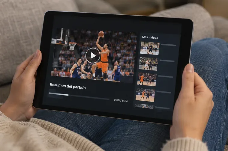 Persona sosteniendo una tablet con una pantalla de reproducción y resumen de un partido de baloncesto