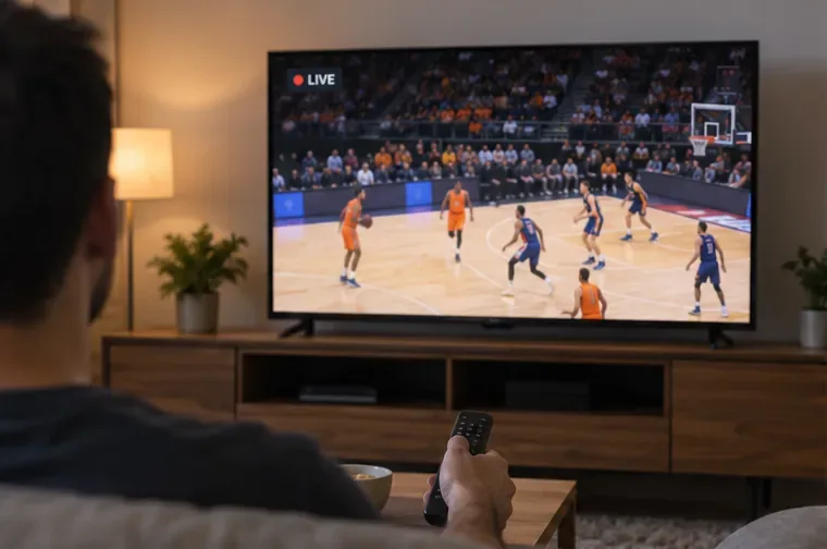 Persona viendo un partido de baloncesto en un televisor conectado desde un salón