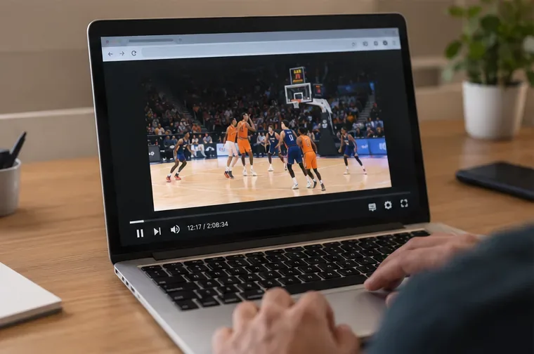 Portátil sobre una mesa reproduciendo un partido de baloncesto en un navegador web
