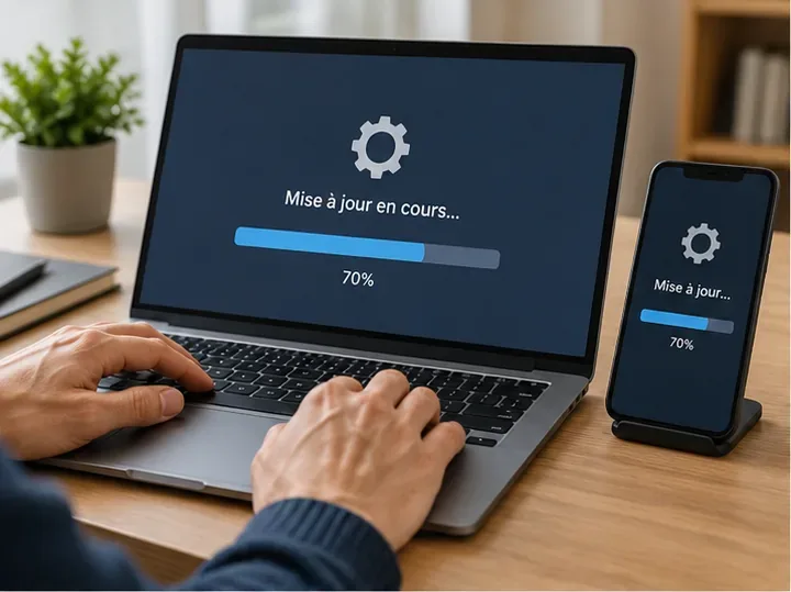 Ordinateur portable et smartphone affichant une mise à jour de sécurité en cours