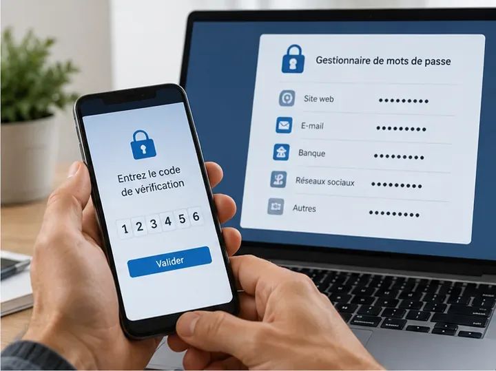 Smartphone demandant un code de vérification devant un ordinateur affichant un gestionnaire de mots de passe