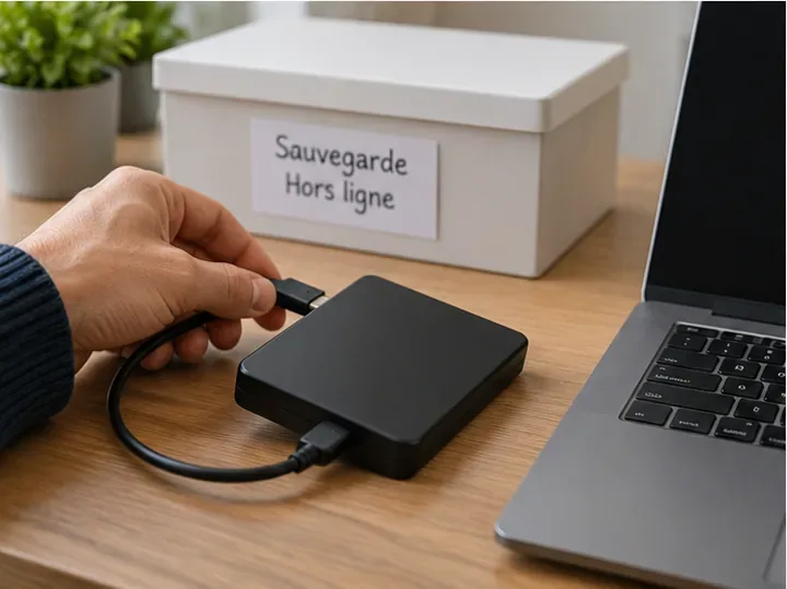 Disque dur externe déconnecté d’un ordinateur et rangé près d’une boîte indiquant sauvegarde hors ligne