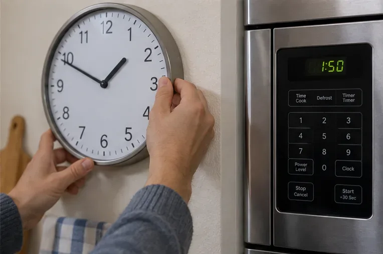 Hands adjusting a wall clock next to a microwave clock that also needs a manual time change