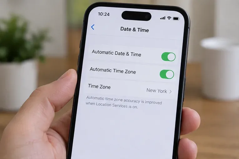 Example phone date and time settings with automatic time and time-zone controls enabled