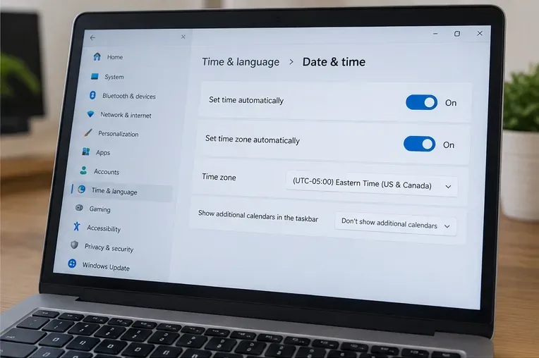 Example Windows date and time settings showing automatic time and automatic time-zone controls