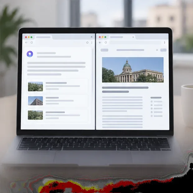 Ordinateur portable affichant deux fenêtres, une réponse générique à gauche et une page de référence à droite