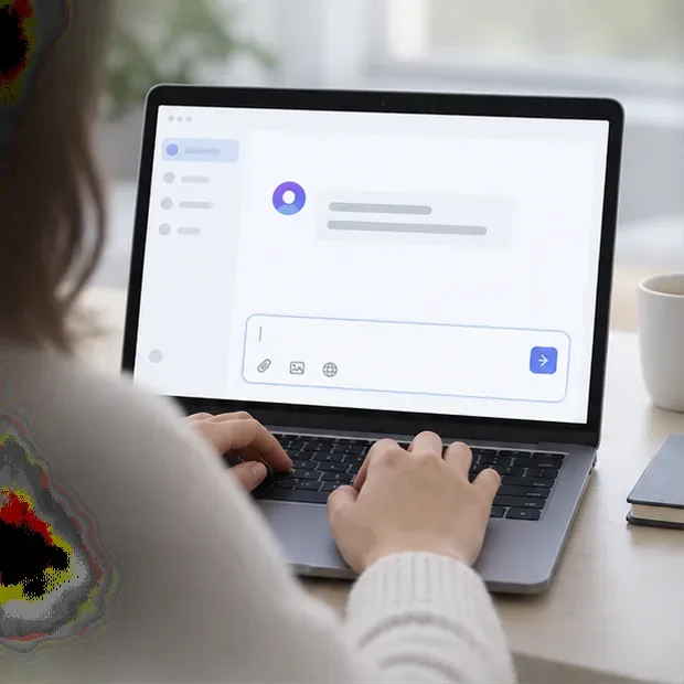 Ordinateur portable affichant une interface conversationnelle générique avec une zone de saisie active