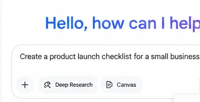 Gemini prompt area showing a product-launch checklist request with Deep Research and Canvas options
