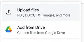 Gemini file menu showing Upload files and Add from Drive