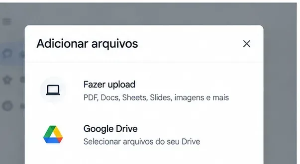 Exemplo visual do menu de anexos do Gemini mostrando upload local e Google Drive.