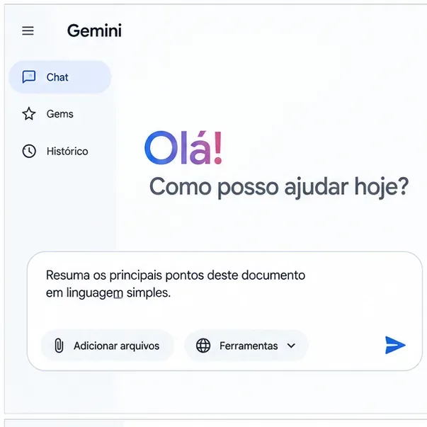 Exemplo visual da tela de conversa do Gemini com campo de prompt e opção para adicionar arquivos.