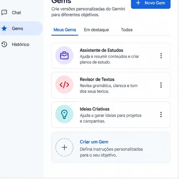 Exemplo visual da área Gems do Gemini com assistentes personalizados para estudo, revisão e ideias.
