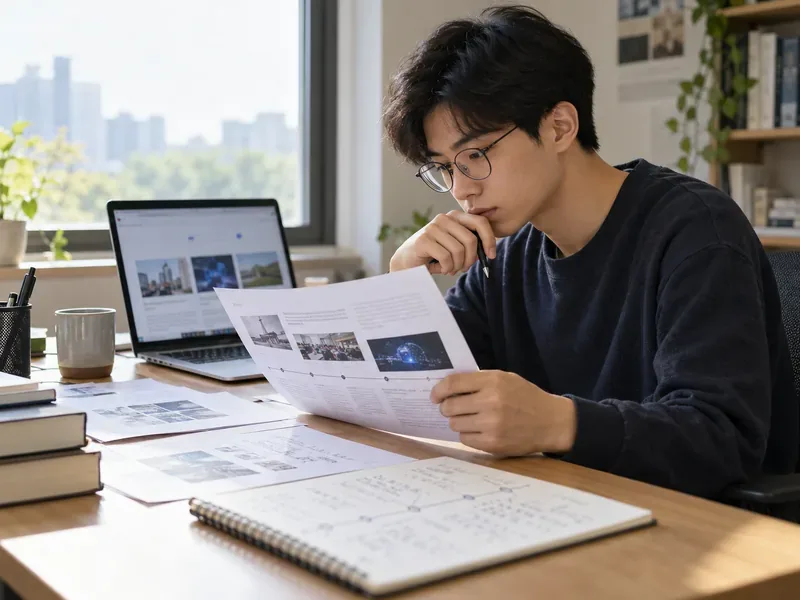一名學生坐在書桌前，手拿資料閱讀，旁邊的筆記本與筆電用來整理 Google 歷史年表