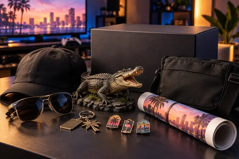 Sammler-Setup mit schwarzer Box, Kappe, Sonnenbrille, Alligatorfigur, Umhängetasche, Pins und gerolltem Poster vor einem Gaming-Monitor