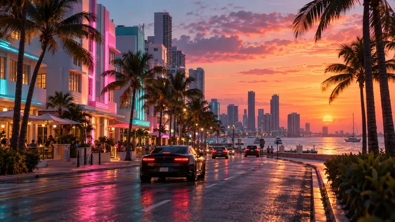 Une avenue bordée de palmiers et d’immeubles pastel longe le front de mer au coucher du soleil, avec des reflets roses et bleus sur la chaussée