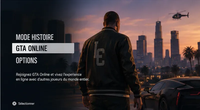 Illustration d’un menu de jeu montrant l’option GTA Online sélectionnée avant l’entrée en multijoueur
