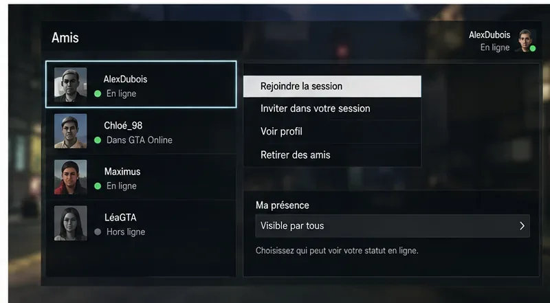 Illustration d’une liste d’amis dans GTA Online avec les actions rejoindre la session et inviter dans la session