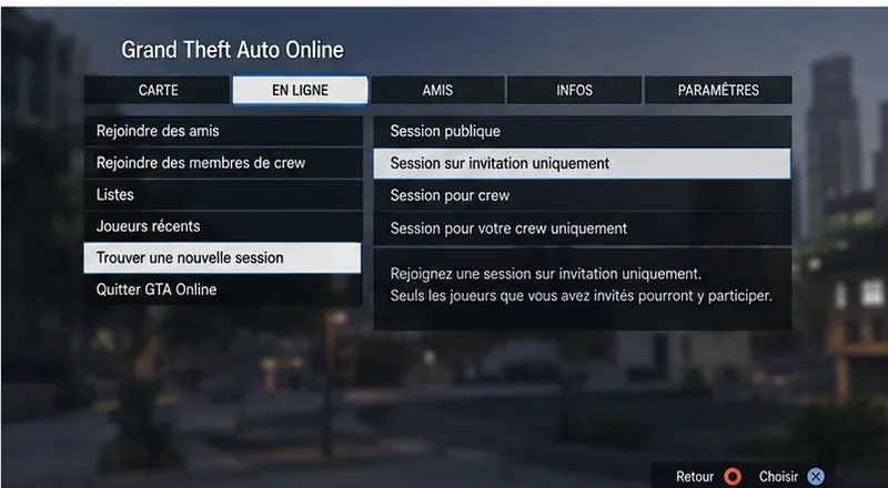 Illustration du menu En ligne avec l’option Trouver une nouvelle session et le choix Session sur invitation uniquement