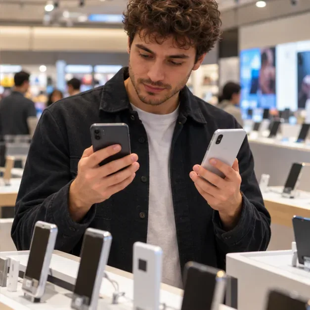 Een klant vergelijkt twee smartphones in een winkel; formaat, gewicht en bediening zijn makkelijker te beoordelen wanneer u toestellen vasthoudt.