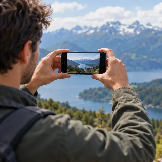 Een wandelaar kadert een bergmeer met zijn smartphone; bij veel fotografie zijn beeldkwaliteit en camerabediening belangrijke vergelijkingspunten.