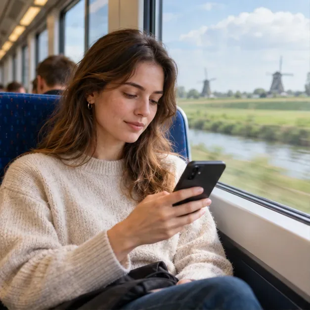 Een reiziger leest op een smartphone in de trein; dit laat zien hoe schermcomfort en batterijduur tellen bij dagelijks gebruik.